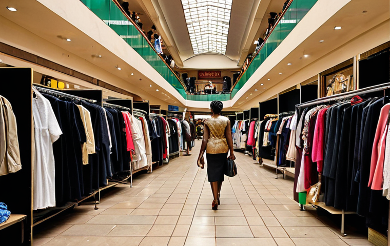 **Economic Disparity in Zambia**: Create an image depicting a stark contrast between a luxurious shopping mall and a nearby impoverished neighborhood in Zambia. The scene should show the disparity in living conditions, with well-dressed individuals shopping alongside people in tattered clothing struggling in a slum environment.