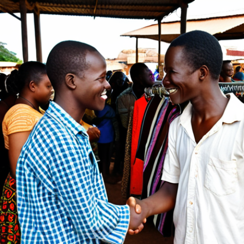 Home 15 **
"A friendly expat shaking hands with a Zambian local in a bustling Lusaka market. The expat is dressed respectfully, and the market is full of colorful fabrics, fresh produce, and local crafts. Focus on conveying a sense of warmth, cultural exchange, and the beginning of a new life in Zambia."
**