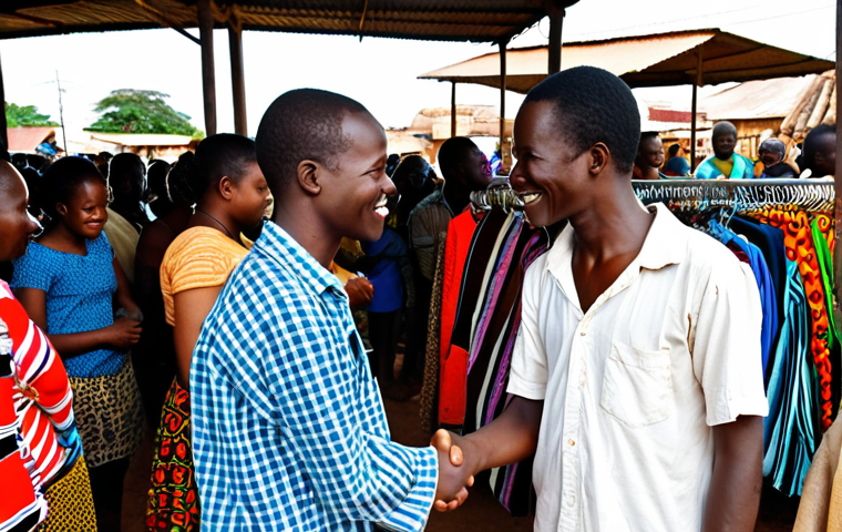 **
"A friendly expat shaking hands with a Zambian local in a bustling Lusaka market. The expat is dressed respectfully, and the market is full of colorful fabrics, fresh produce, and local crafts. Focus on conveying a sense of warmth, cultural exchange, and the beginning of a new life in Zambia."
**