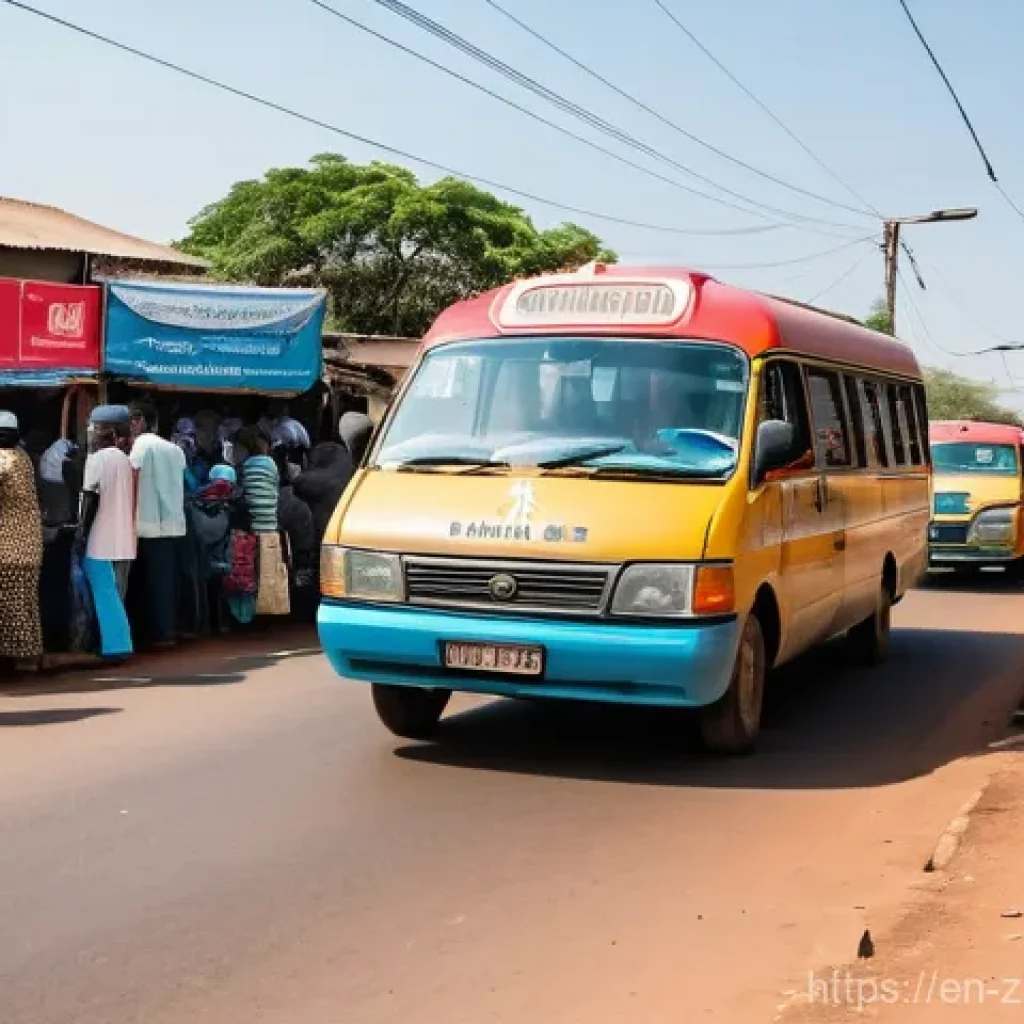 잠비아 현지 생활 체험 - **Vibrant Zambian Minibus Commute:** A bustling street scene in a major Zambian city, like Lusaka, u...