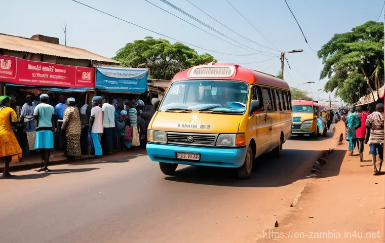 잠비아 현지 생활 체험 - **Vibrant Zambian Minibus Commute:** A bustling street scene in a major Zambian city, like Lusaka, u...