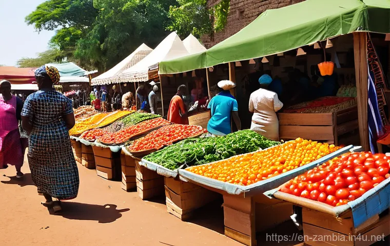 잠비아 현지 생활 체험 - **Authentic Zambian Street Food Delights:** A close-up, inviting scene at a lively Zambian street fo...