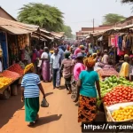 잠비아 여행 주의점 - **Zambian Market Bustle:** A wide shot of a vibrant, bustling local market in Zambia under warm dayl...