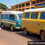 잠비아 교통 시스템 - A bustling urban street scene in Lusaka, Zambia, featuring a crowded shared minibus (“kombi”) packed...