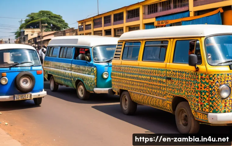 잠비아 교통 시스템 - A bustling urban street scene in Lusaka, Zambia, featuring a crowded shared minibus (“kombi”) packed...