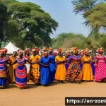 잠비아 전통 춤 - A vibrant scene of a traditional Zambian Kuomboka dance performance by the Lozi people, featuring da...