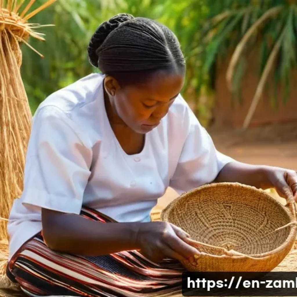 잠비아 전통 공예품 - A detailed scene of a Zambian artisan weaving a traditional basket outdoors, surrounded by natural r...