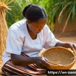 잠비아 전통 공예품 - A detailed scene of a Zambian artisan weaving a traditional basket outdoors, surrounded by natural r...