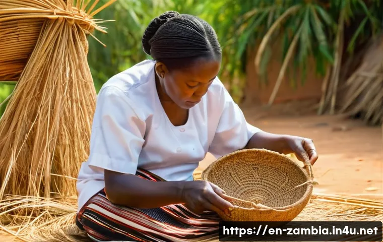 잠비아 전통 공예품 - A detailed scene of a Zambian artisan weaving a traditional basket outdoors, surrounded by natural r...