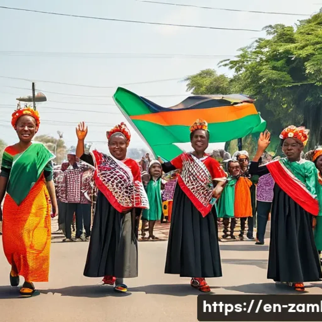 잠비아 주요 명절 - A vibrant Zambian Independence Day parade scene featuring people of all ages dressed in colorful tra...