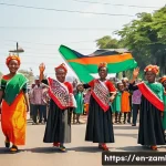 잠비아 주요 명절 - A vibrant Zambian Independence Day parade scene featuring people of all ages dressed in colorful tra...