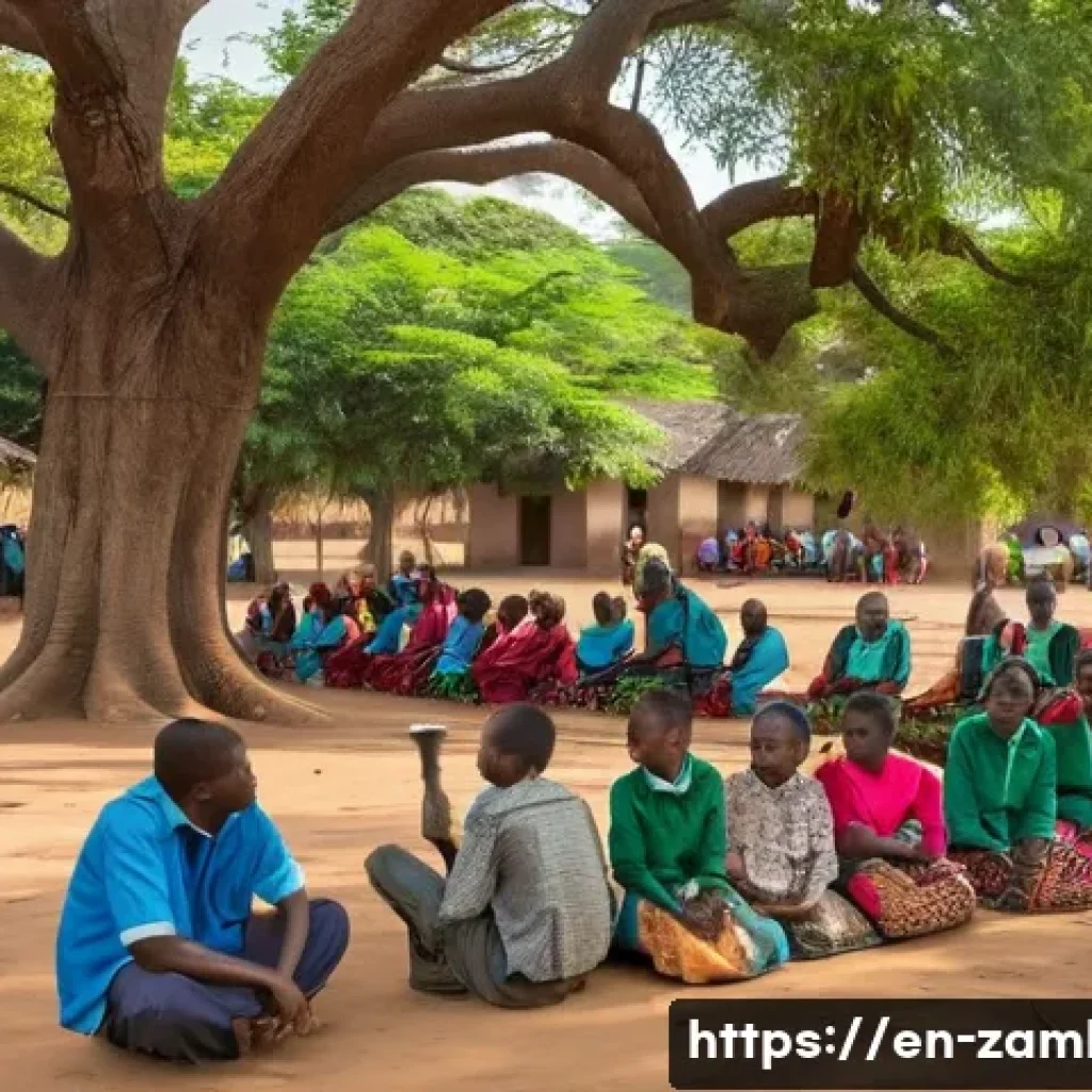 잠비아 아동 보호 - A vibrant community meeting scene in a rural Zambian village, featuring local leaders, parents, and ...