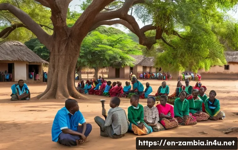 잠비아 아동 보호 - A vibrant community meeting scene in a rural Zambian village, featuring local leaders, parents, and ...