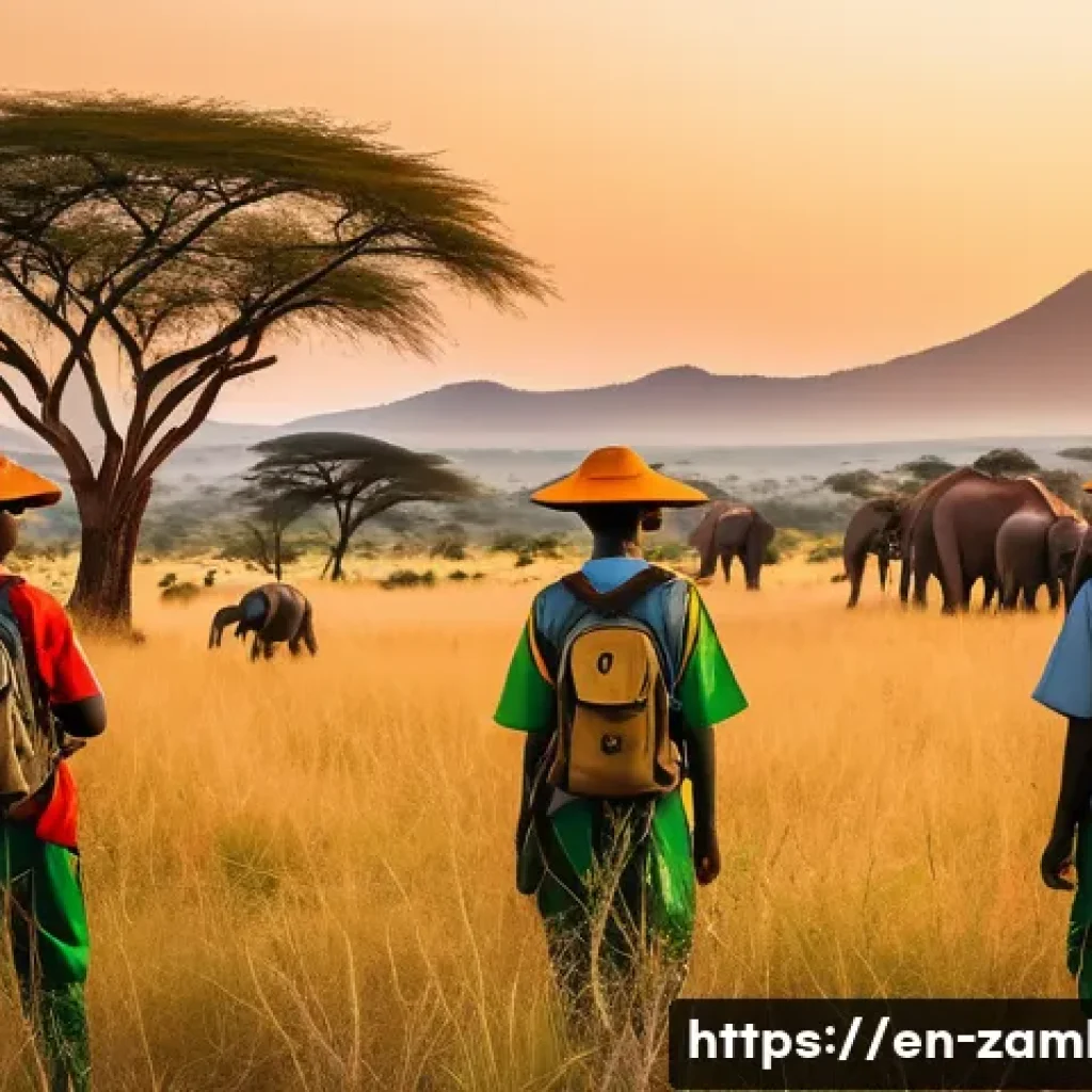 잠비아 야생동물 보호 - A vibrant African savannah scene at sunset featuring a group of local community wildlife scouts wear...