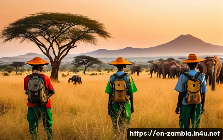잠비아 야생동물 보호 - A vibrant African savannah scene at sunset featuring a group of local community wildlife scouts wear...