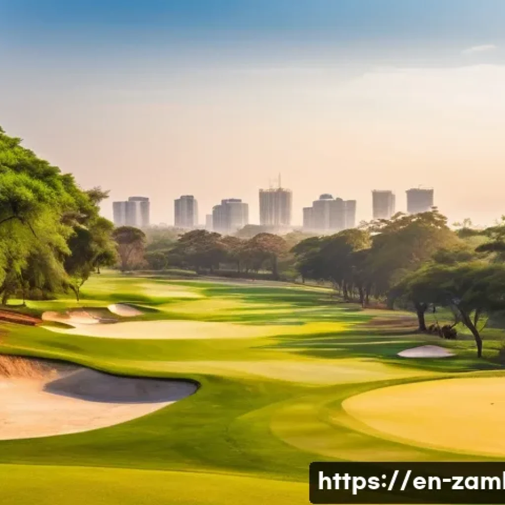 잠비아 골프 여행 - A panoramic view of Lusaka Golf Club in Zambia at sunrise, featuring a well-manicured golf course wi...