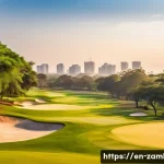 잠비아 골프 여행 - A panoramic view of Lusaka Golf Club in Zambia at sunrise, featuring a well-manicured golf course wi...