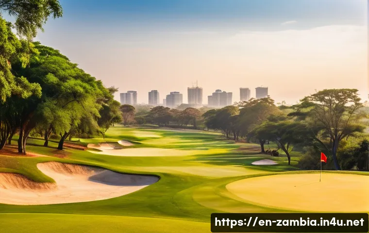 잠비아 골프 여행 - A panoramic view of Lusaka Golf Club in Zambia at sunrise, featuring a well-manicured golf course wi...