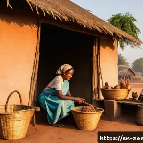 잠비아 게스트하우스 - A warm, rustic Zambian village guesthouse scene at dawn, showing a local family and a guest woman we...