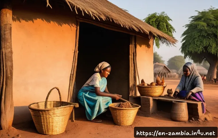 잠비아 게스트하우스 - A warm, rustic Zambian village guesthouse scene at dawn, showing a local family and a guest woman we...