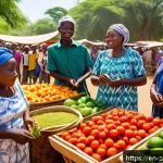 잠비아 배낭여행 팁 - A vibrant scene of a bustling Zambian village market during daytime, featuring local artisans sellin...