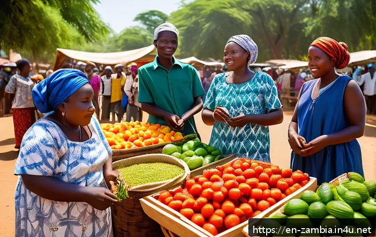 잠비아 배낭여행 팁 - A vibrant scene of a bustling Zambian village market during daytime, featuring local artisans sellin...