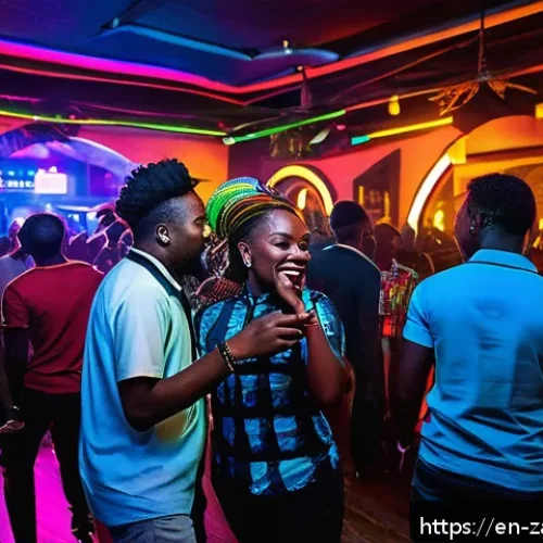 잠비아 클럽 문화 - A vibrant Lusaka nightclub scene at night, featuring a diverse crowd of locals and tourists dancing ...