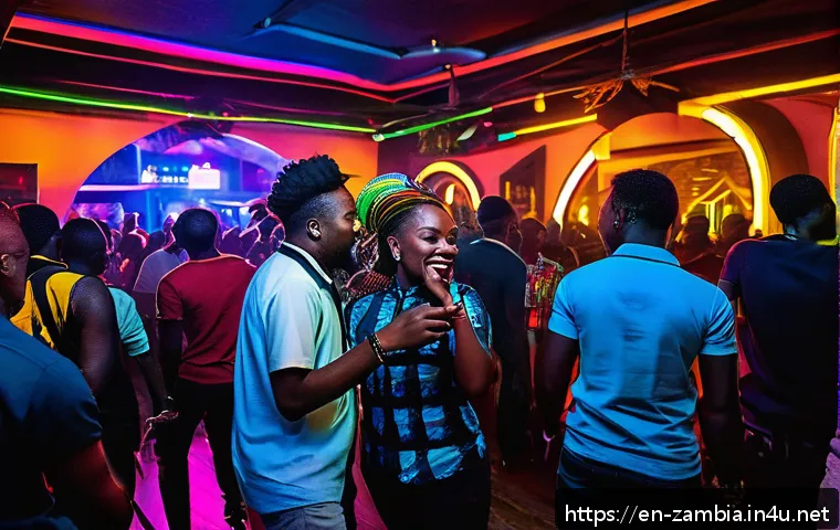 잠비아 클럽 문화 - A vibrant Lusaka nightclub scene at night, featuring a diverse crowd of locals and tourists dancing ...