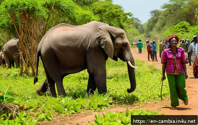 잠비아 야생동물 보호구역 - A vibrant scene of a community-led wildlife sanctuary in Zambia during daytime, featuring local vill...