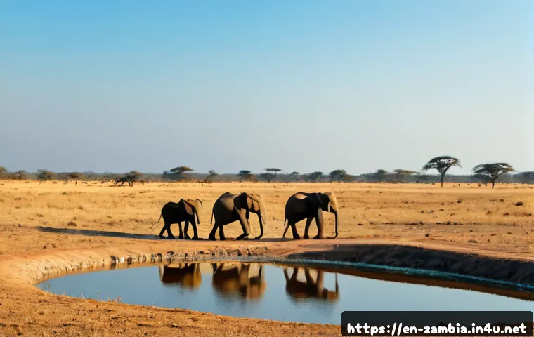 잠비아 기후 특징 - Photorealistic wide landscape of Zambia’s dry season on the central plateau, golden savanna grasslan...