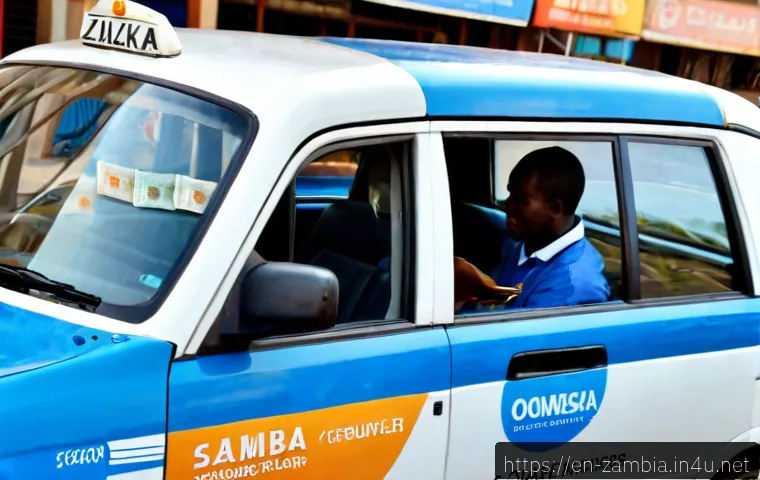 잠비아 택시 요금 - Photorealistic street scene in Lusaka, Zambia, a clean blue-and-white local taxi stopped beside the ...